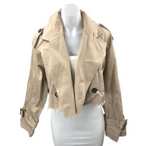 Zara Tan Khaki Long Sleeve Collared Raw Hem Cut Off Cropped Coat Jacket Size S